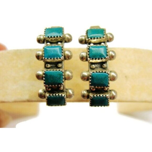 Green Tribal Turquoise Vintage Sterling Silver 925 Screw Back Earrings Patina - Picture 2 of 11